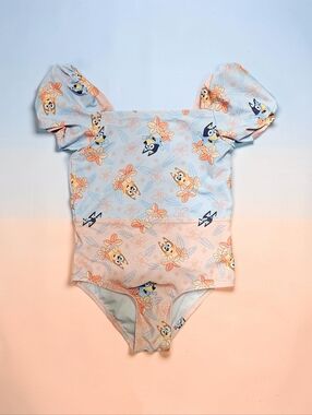 Bluey & Bingo One-Piece Swimsuit - Pastel Blue & Peach. Size 4T.